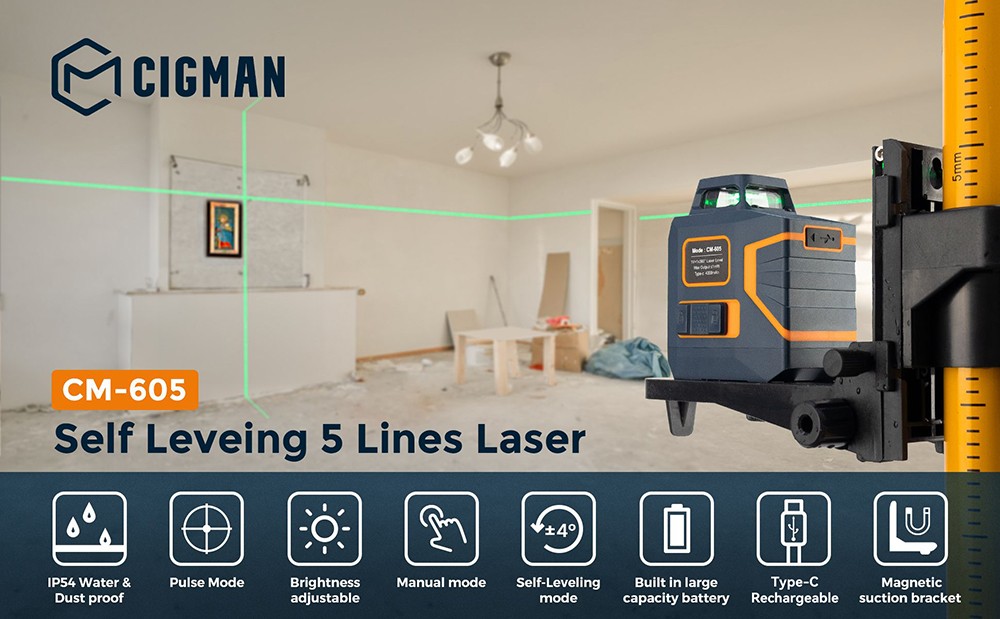 CIGMAN CM-605 5 línií laserovej vodováhy, prepínateľné 1x360°+ 1x180° laserové okienko, samonivelačná zelená krížová čiara, nabíjateľná batéria, otočný stojan