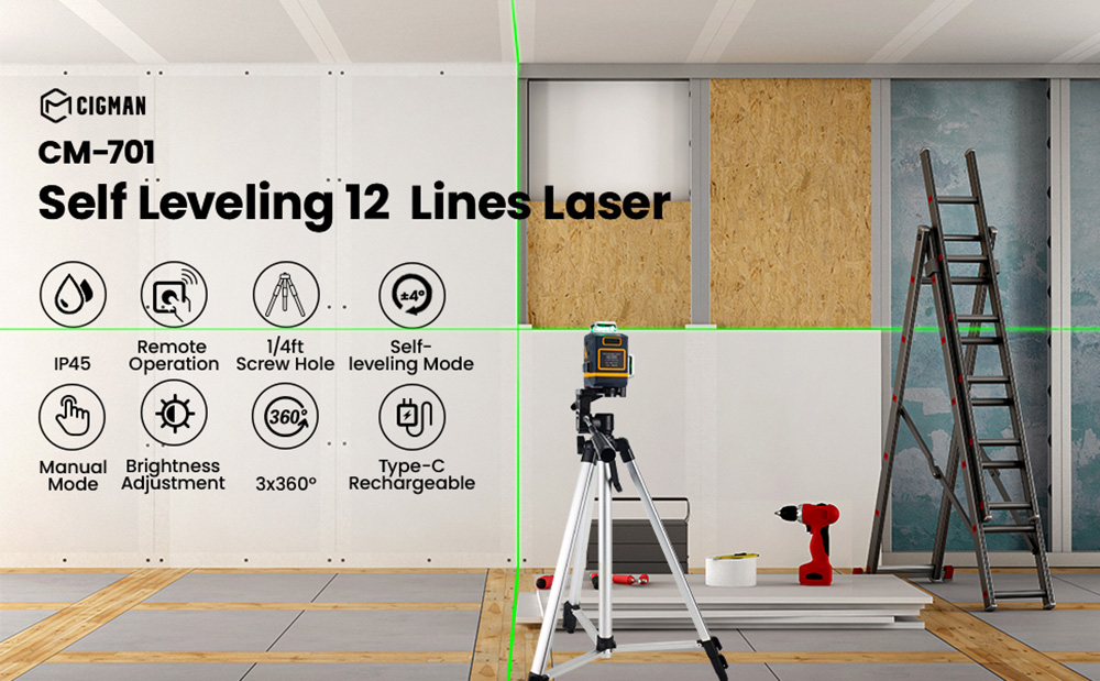 CIGMAN CM-701 3x360° Samonivelačná laserová vodováha, 100ft 3D zelená krížová čiara, nabíjateľná batéria, diaľkové ovládanie