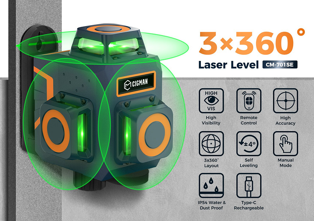 CIGMAN CM-701SE 3x360° 12 línií Laserová vodováha, samonivelačná, 3D zelená krížová čiara, s diaľkovým ovládačom a magnetickým držiakom v tvare L, pracovná vzdialenosť až 50 m, odolná voči vode a prachu IP54