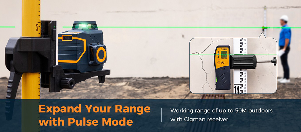 CIGMAN CM-701SE 3x360° 12 Lines Laserová vodováha, samonivelačná, 3D zelená krížová čiara, s diaľkovým ovládačom a magnetickým držiakom v tvare L, pracovná vzdialenosť až 50 m, odolná voči vode a prachu IP54