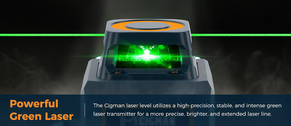 CIGMAN CM-701SE 3x360° 12 Lines Laserová vodováha, samonivelačná, 3D zelená krížová čiara, s diaľkovým ovládačom a magnetickým držiakom v tvare L, pracovná vzdialenosť až 50 m, odolná voči vode a prachu IP54