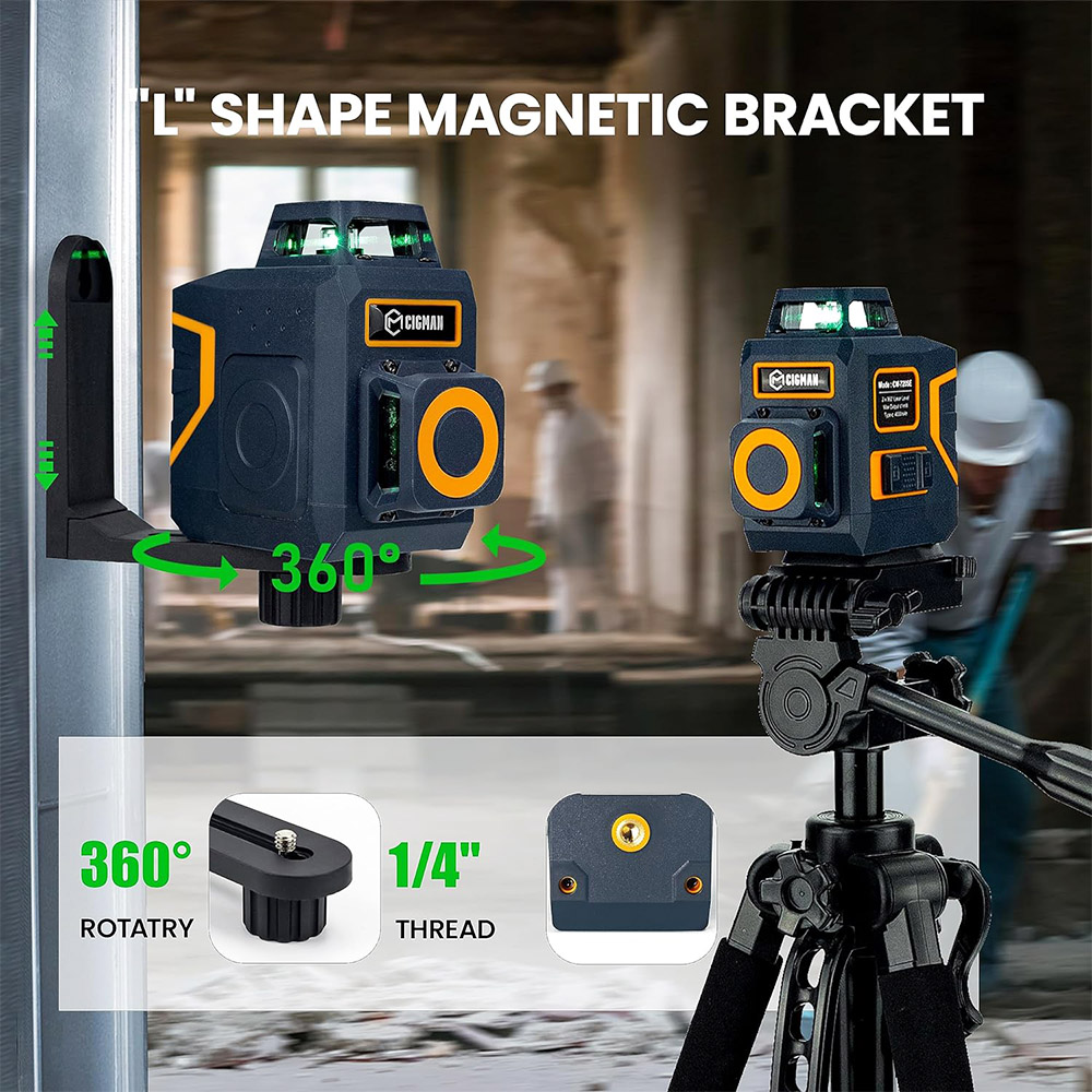 CIGMAN CM-720SE 2x360° 8 Lines Laserová vodováha, zelená krížová čiara, samonivelačná, IP54 Odolná voči kvapkám a prachu, s nabíjaním typu C, magnetická základňa v tvare L