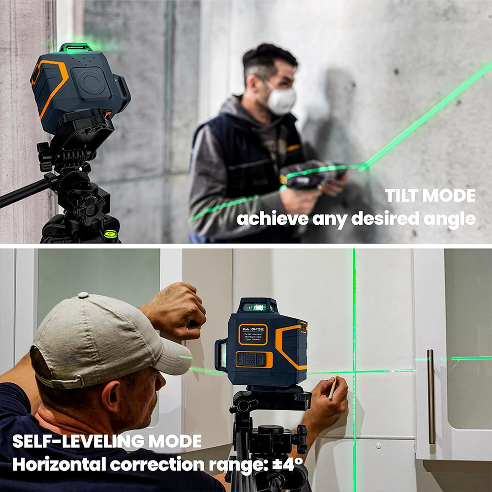 CIGMAN CM-720SE 2x360° 8 Lines Laser Level, Green Cross Line, Self Leveling, IP54 Drip & amp; Dust Proof, with Type-C Rechargeable, Magnetic L-Shaped Base