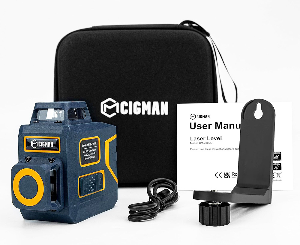 CIGMAN CM-720SE 2x360° 8 Lines Laser Level, Green Cross Line, Self Leveling, IP54 Drip &; Dust Proof, with Type-C Rechargeable, Magnetic L-Shaped Base