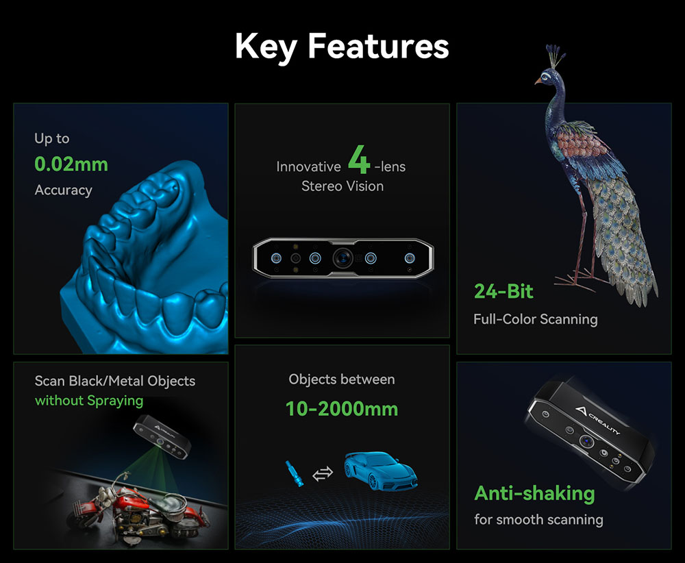 Creality CR Scan Otter 3D Scanner, rýchlosť skenovania 20 snímok za sekundu, 0.02 mm presnosť, 4-šošovkové stereovidenie, 24-bitové plnofarebné skenovanie, 8 infračervených svetiel