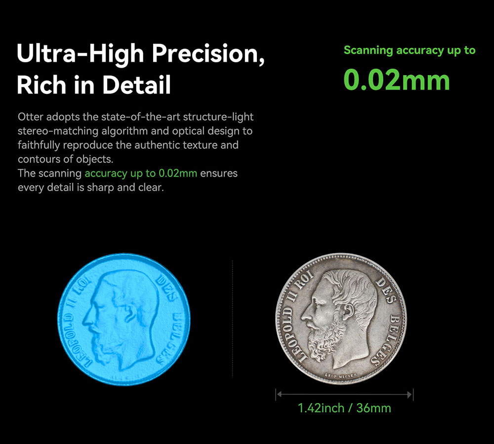 3D skener Creality CR Scan Otter, rýchlosť skenovania 20 snímok za sekundu, 0.02 mm presnosť, 4 šošovky stereovízie, 24-bitové plnofarebné skenovanie, 8 infračervených svetiel