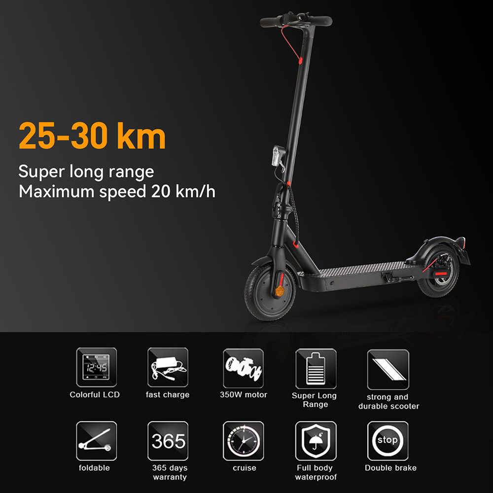 E9 Pro Electric Scooter, certifikácia ABE, 350W motor, 36V 7,5Ah batéria, 8.5-palcová pneumatika, max. rýchlosť 20 km/h, dojazd 30 km, duálny brzdový systém, ovládanie pomocou aplikácie