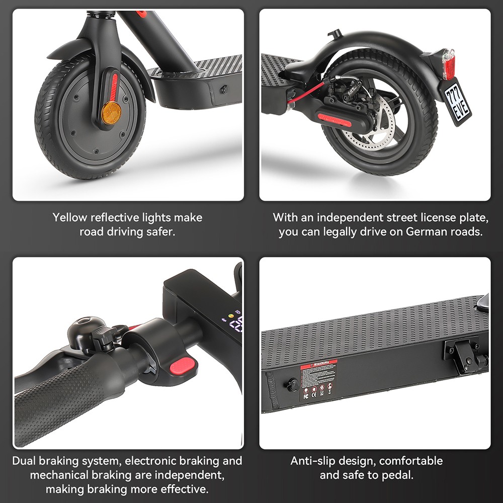 elektrická kolobežka E9 Pro, certifikácia ABE, 350W motor, 36V 7,5Ah batéria, 8.5-palcová pneumatika, max. rýchlosť 20 km/h, dojazd 30 km, duálny brzdový systém, ovládanie pomocou aplikácie