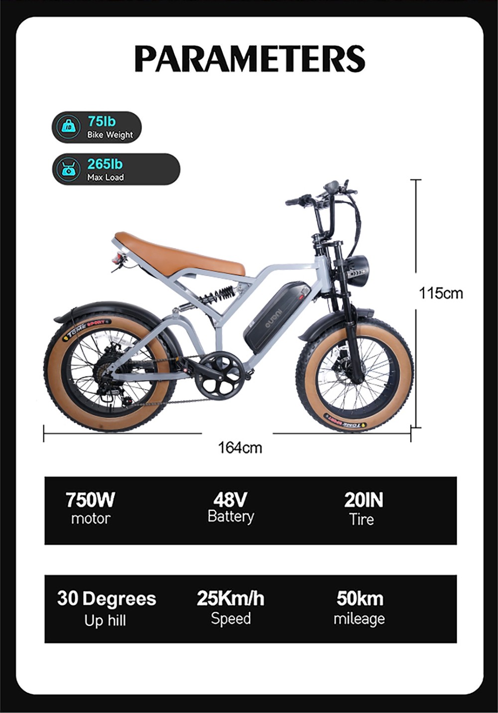 EUENI FXH009 Pro Electric Bike, 20-inch Tire, 750W Motor, 48V 15Ah Battery, 45km/h Max Speed, 96km Range, Shimano 7-speed Gear - Black