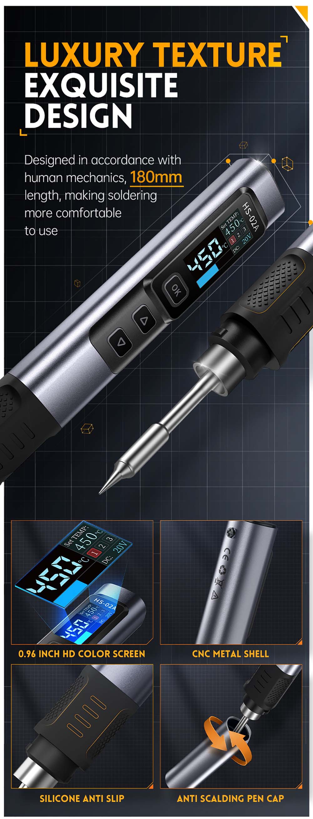 FNIRSI HS02 Electric Soldering Iron PD 100W 100°C450°C Fast Heating