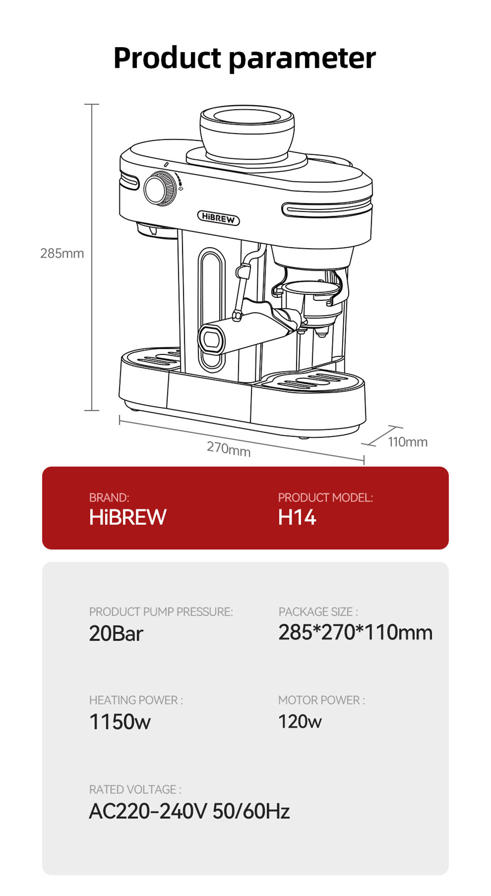 HiBREW H14 Espresso kávovar, vysoký tlak 20 barov, 15-stupňové nastavenie mletia, funkcia predsparenia, NTC regulácia teploty, nastavenie kapacity šálky - béžová