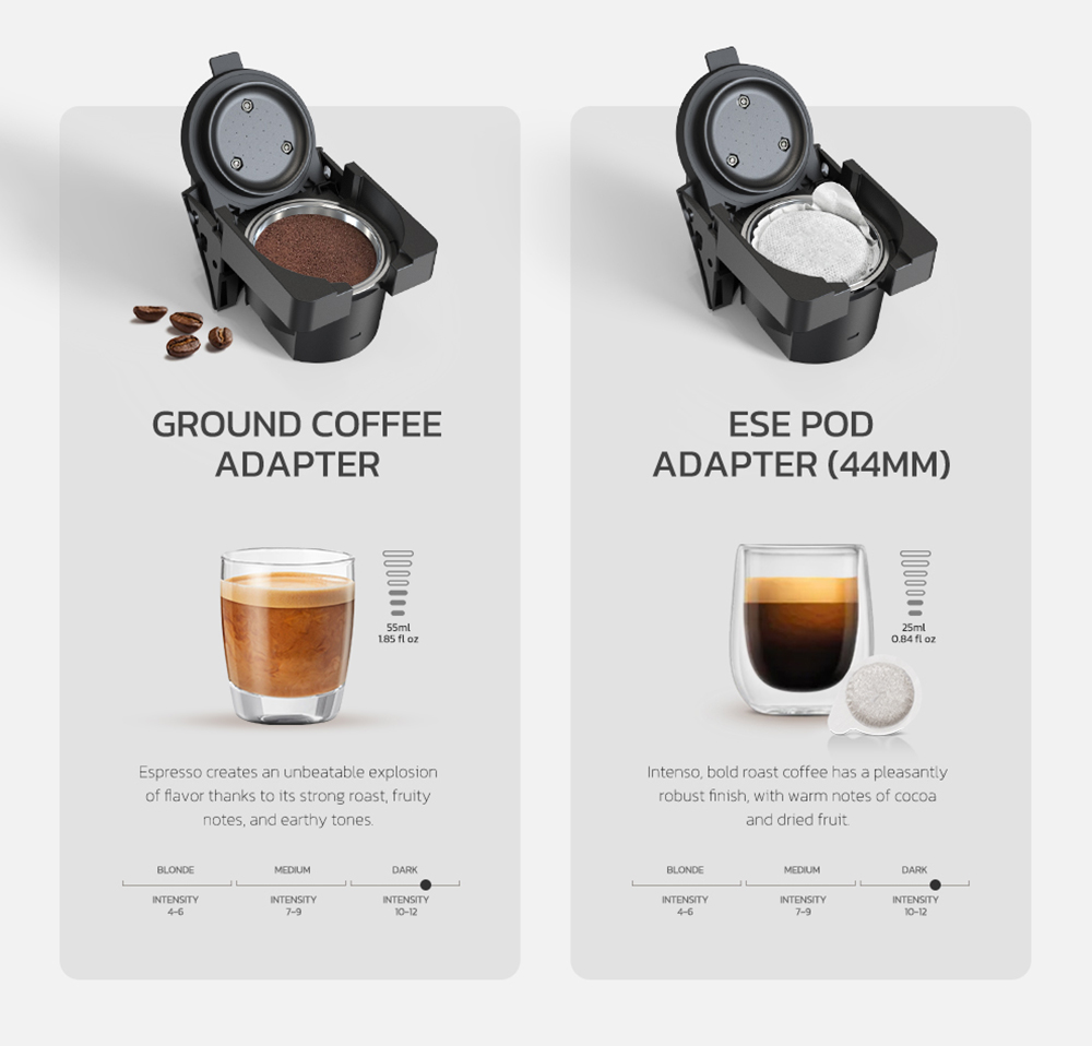 HiBREW H1B 5-in-1 Pods kávovar, nádržka na vodu 600 ml, extrakcia pod tlakom 19 barov, režim studená/horká, LED indikátor, pre Kcup*/Nes*/DG*/Espresso v prášku, béžová