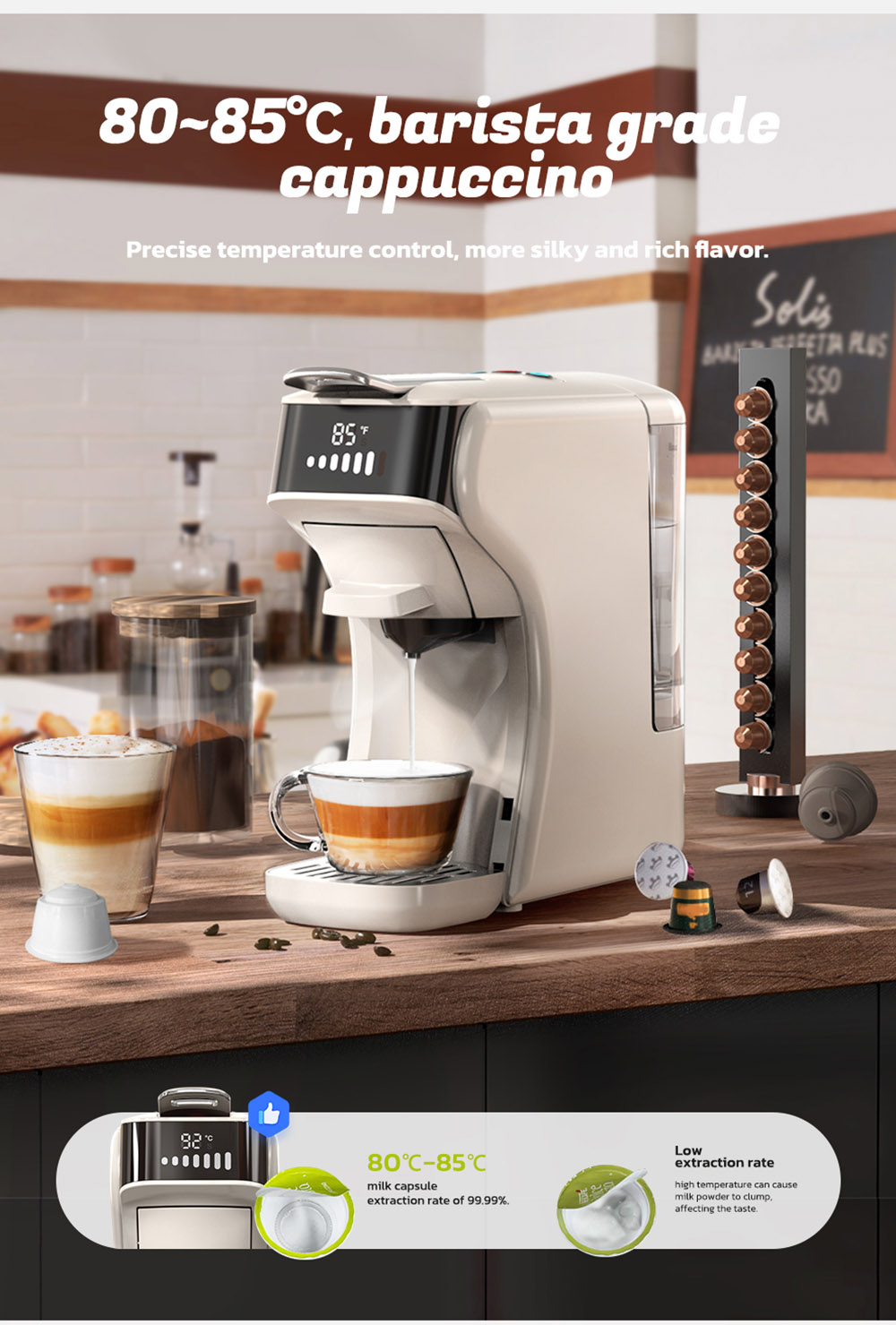 HiBREW H1B 5-in-1 Pods kávovar, nádržka na vodu 600 ml, extrakcia pod tlakom 19 barov, režim studená/horká, LED indikátor, pre Kcup*/Nes*/DG*/Espresso v prášku, béžová