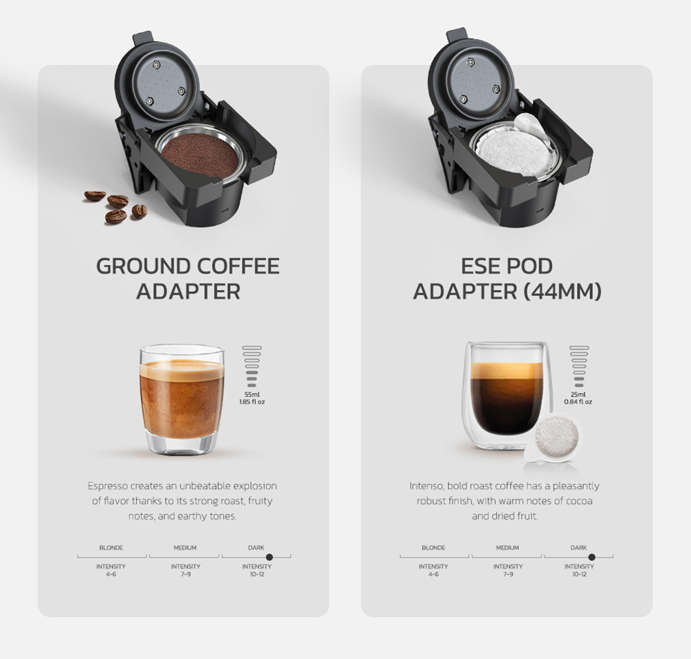 HiBREW H1B 5-in-1 Pods kávovar, nádržka na vodu 600 ml, extrakcia pod tlakom 19 barov, režim studená/horká, LED indikátor, pre Kcup*/Nes*/DG*/Espresso Powder, čierny