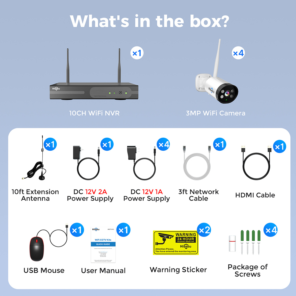 Hiseeu 10CH NVR 3MP WiFi Security System Kit, so 4 kamerami, detekcia človeka, IR nočné videnie, 2-cestný zvuk, IP66 vodotesný, práca s Alexa, bez HDD