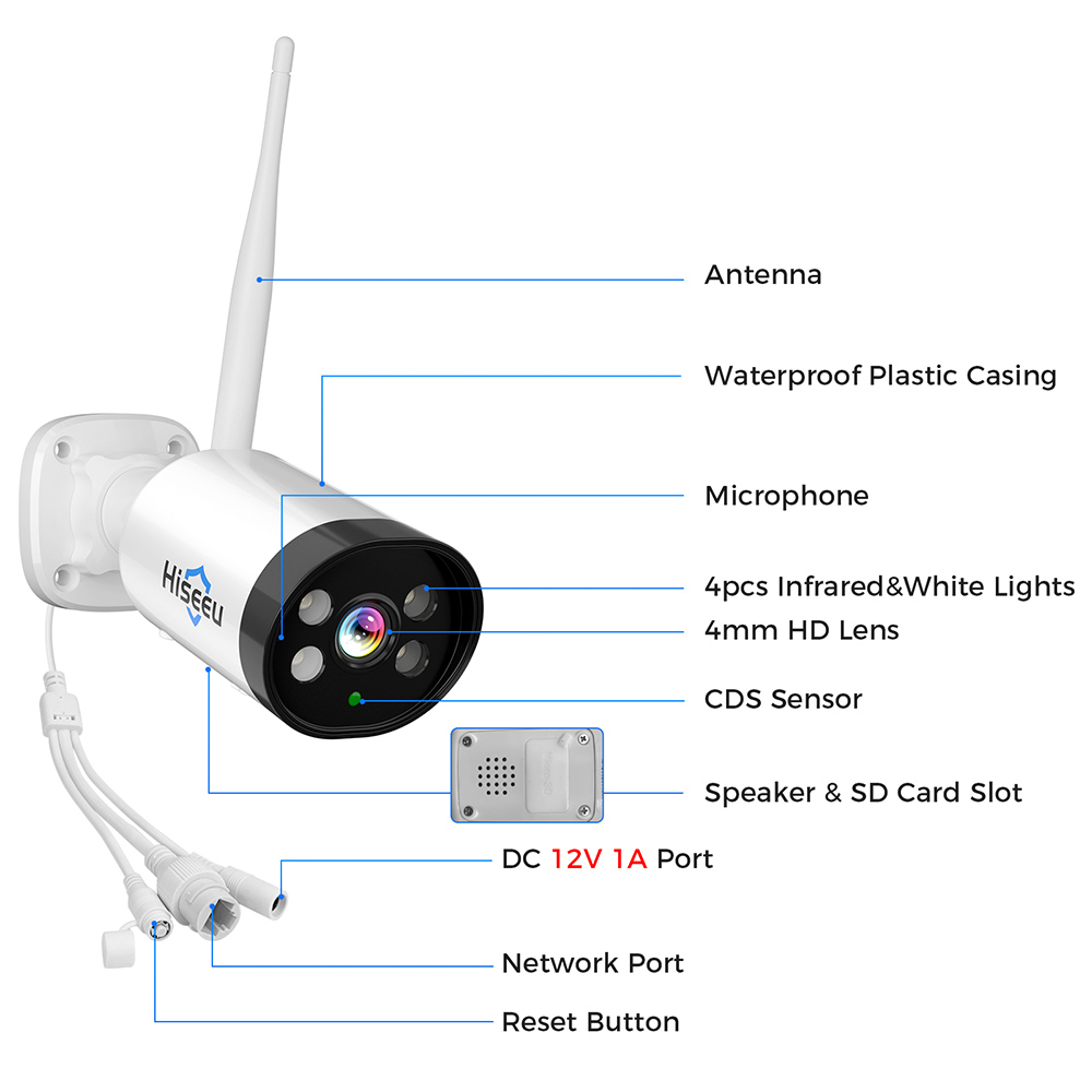 Hiseeu 10CH NVR 3MP WiFi Security System Kit, so 4 kamerami, detekcia človeka, IR nočné videnie, 2-cestný zvuk, IP66 vodotesný, práca s Alexou, bez HDD