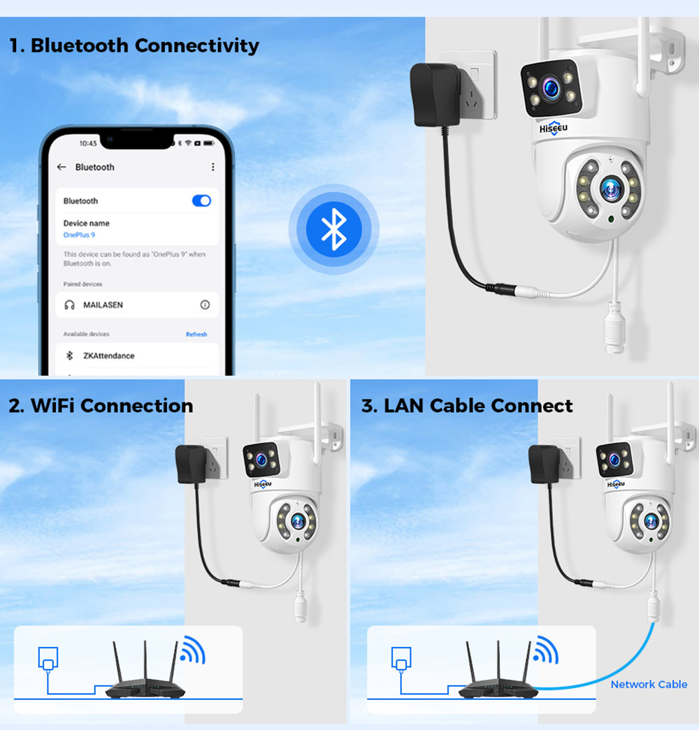 Hiseeu 4K 8MP vonkajšia WiFi kamera, dvojitý objektív, dvojitá obrazovka, 2-cestný zvuk, farebné nočné videnie, automatické sledovanie, AI detekcia človeka, IP66 odolná voči poveternostným vplyvom, 2.4GHz WiFi