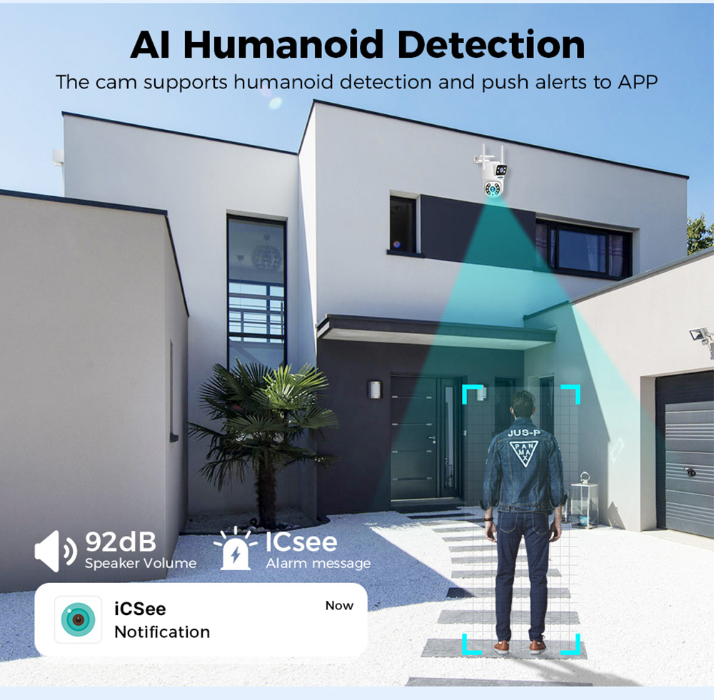 Hiseeu 4K 8MP vonkajšia WiFi kamera, dvojitý objektív, dvojitá obrazovka, 2-cestný zvuk, farebné nočné videnie, automatické sledovanie, AI detekcia človeka, IP66 odolná voči poveternostným vplyvom, 2.4GHz WiFi