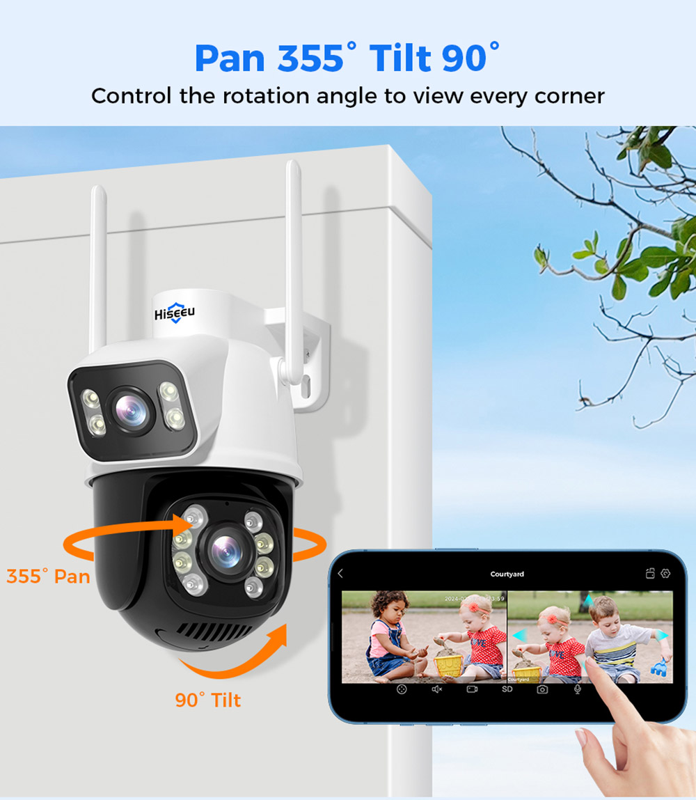 Hiseeu WS318B 4K 8MP Outdoor WiFi Camera, Dual Lens, Double Screen, 2-way Audio, Color Night Vision, Auto Tracking, AI Human Detection, IP66 Weatherproof, 2.4GHz WiFi - Black