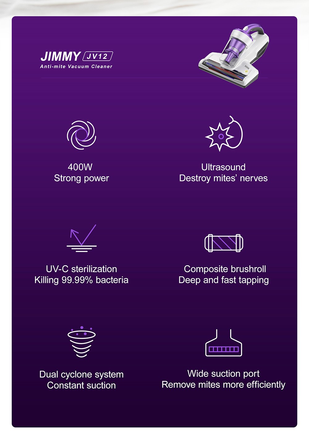 Refurbished JIMMY JV12 Anti-mite Vacuum Cleaner with Patented Composite Brush Roll, Ultrasound, UV Light, Dual Cyclone & MIF Filter