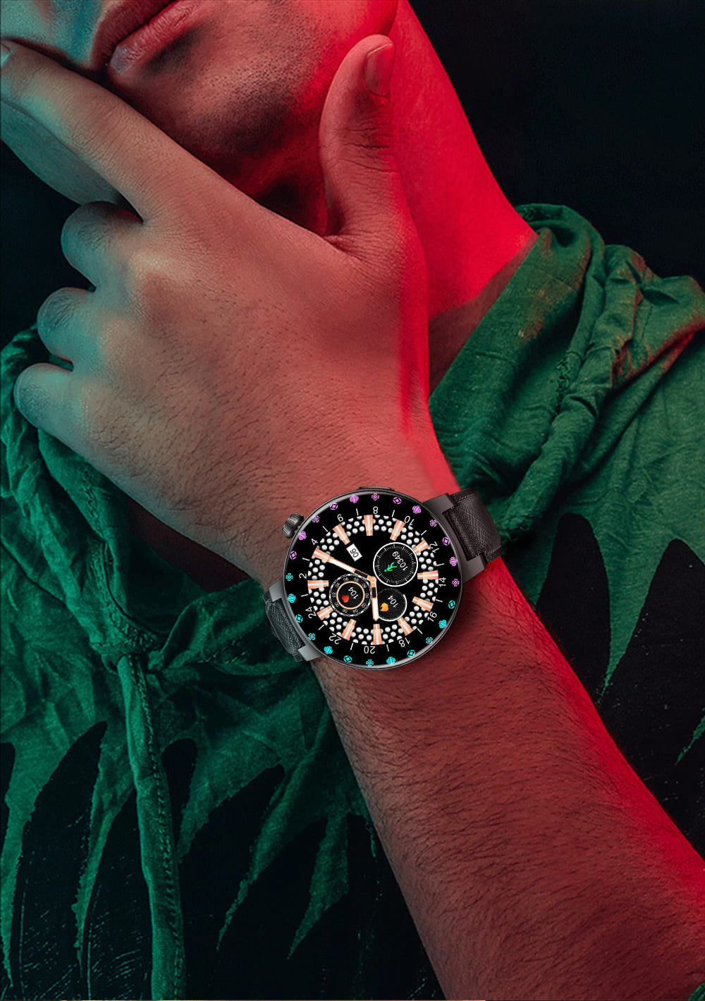 KUMI GT6 Pro Smartwatch, 1.3-inch AMOLED HD Screen, Colorful Lighting Effect, Heart Rate Monitoring, 100+ Sport Modes, IP68 Waterproof