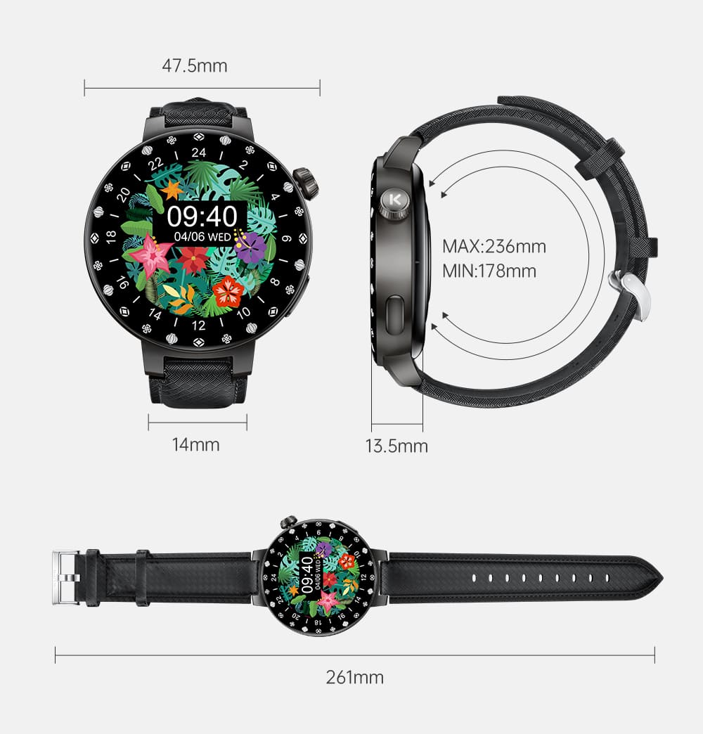 KUMI GT6 Pro Smartwatch, 1.3-inch AMOLED HD Screen, Colorful Lighting Effect, Heart Rate Monitoring, 100+ Sport Modes, IP68 Waterproof