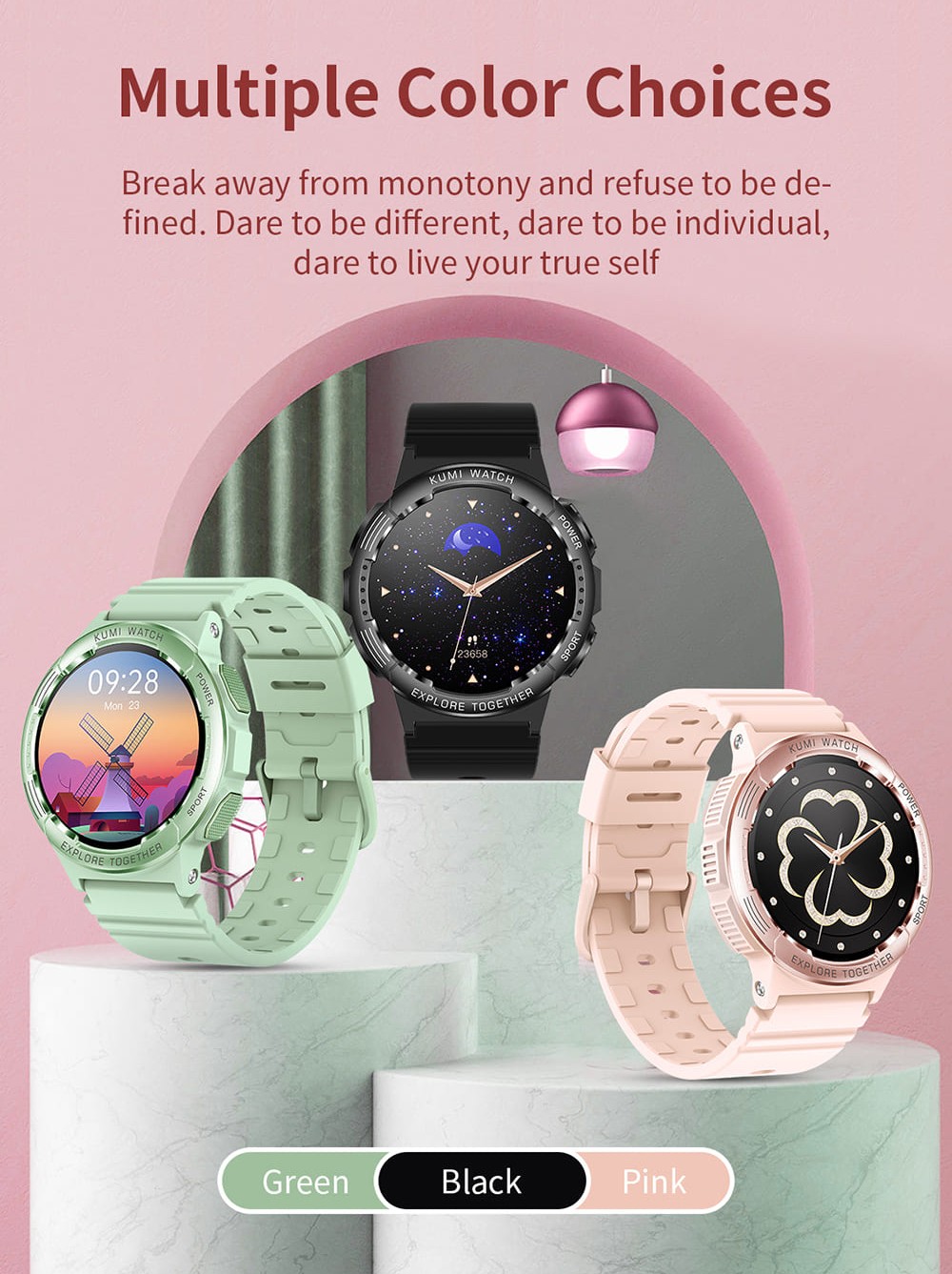 KUMI K6 Smartwatch, 1.3-inch AMOLED Screen, 100+ Sport Modes, 24-hour Health Monitoring, Bluetooth Calling - Black