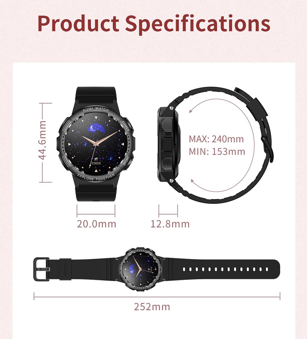 KUMI K6 Smartwatch, 1.3-inch AMOLED Screen, 100+ Sport Modes, 24-hour Health Monitoring, Bluetooth Calling - Black