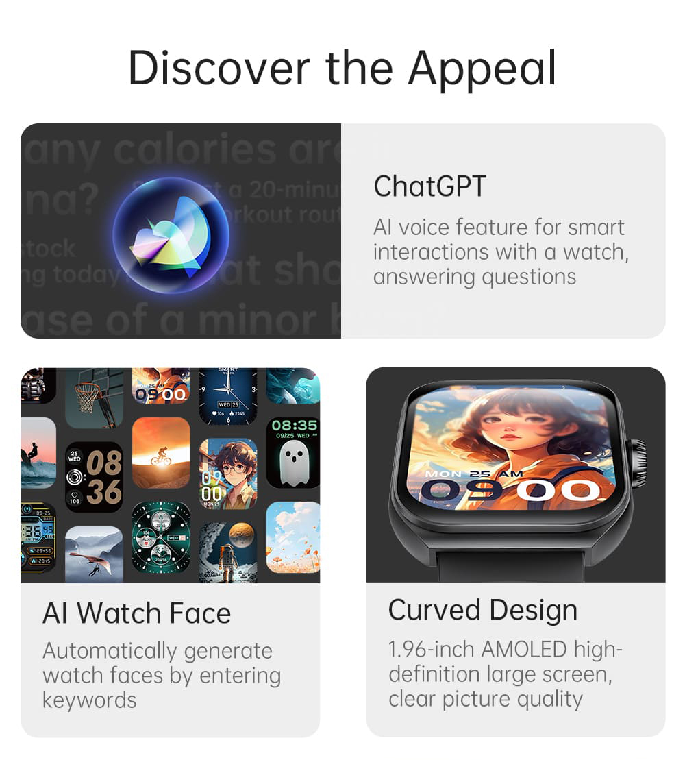 KUMI KU7 Smartwatch, 1.96'' AMOLED Screen, Bluetooth Calling, Health Monitoring, Stock Market Information, 100 Sports Modes - Silver