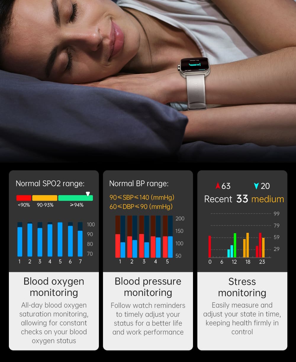 KUMI KU7 Smartwatch, 1.96'' AMOLED Screen, Bluetooth Calling, Health Monitoring, Stock Market Information, 100 Sports Modes - Silver