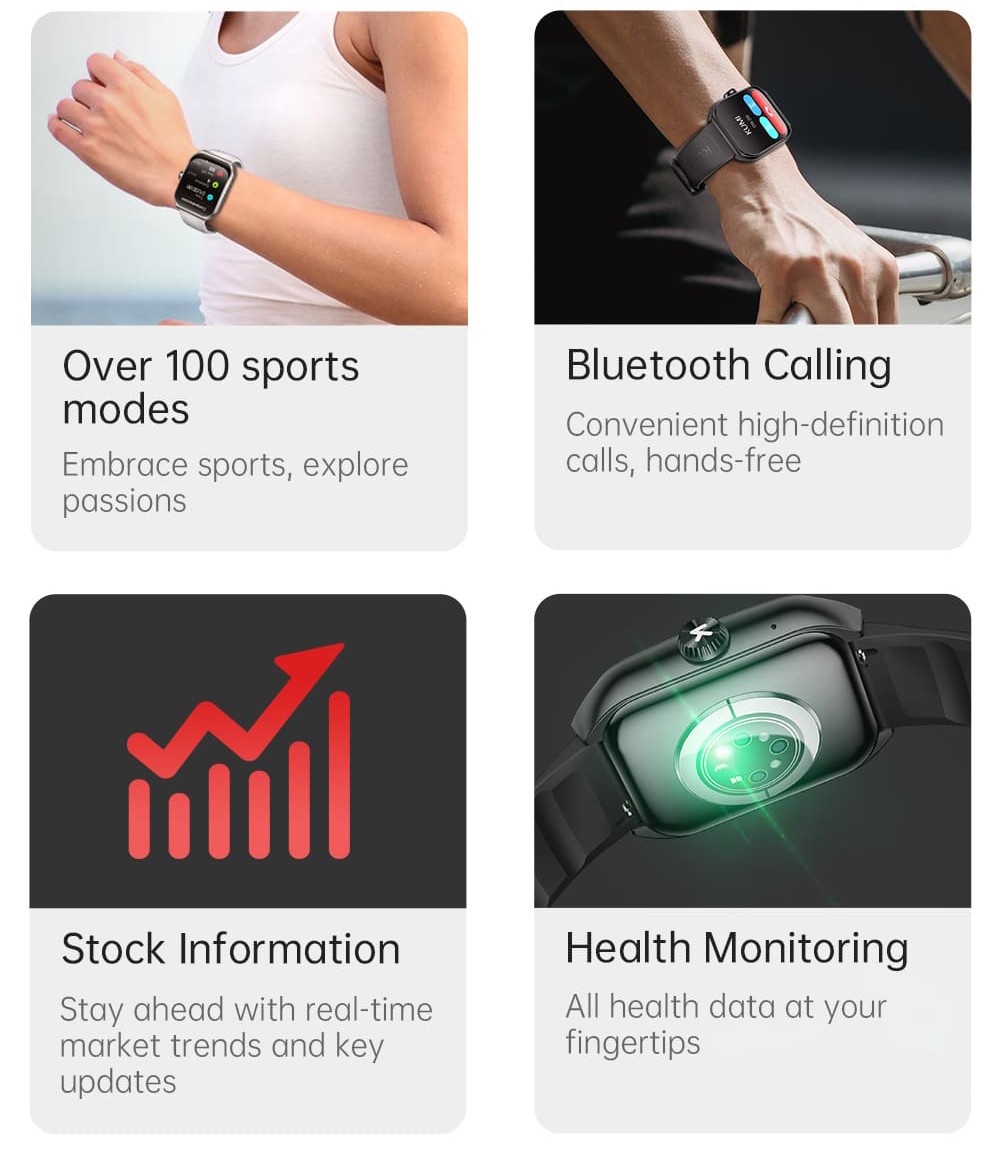 KUMI KU7 Smartwatch, 1.96'' AMOLED Screen, Bluetooth Calling, Health Monitoring, Stock Market Information, 100 Sports Modes - Silver