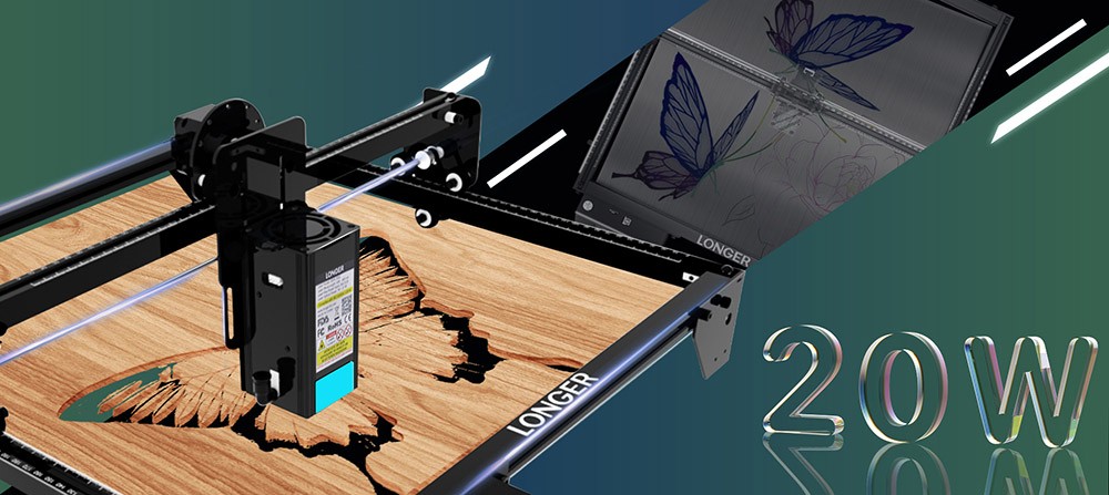 LONGER RAY5 20W Laser Engraver, 32-Bit Chipset, 256-bit Color Scale, 3.5' Touch Screen, 0.08 x 0.1mm Spot, 10000mm/min Max Speed, 375mmx375mm, X/Y-axis Limit Switches