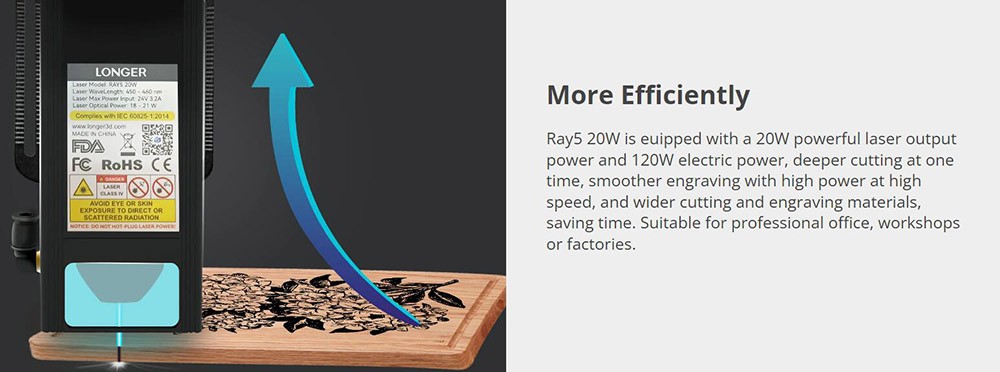 LONGER RAY5 20W Laser Engraver, 32-Bit Chipset, 256-bit Color Scale, 3.5' Touch Screen, 0.08 x 0.1mm Spot, 10000mm/min Max Speed, 375mmx375mm, X/Y-axis Limit Switches