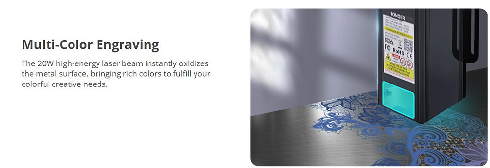 LONGER RAY5 20W Laser Engraver, 32-Bit Chipset, 256-bit Color Scale, 3.5' Touch Screen, 0.08 x 0.1mm Spot, 10000mm/min Max Speed, 375mmx375mm, X/Y-axis Limit Switches