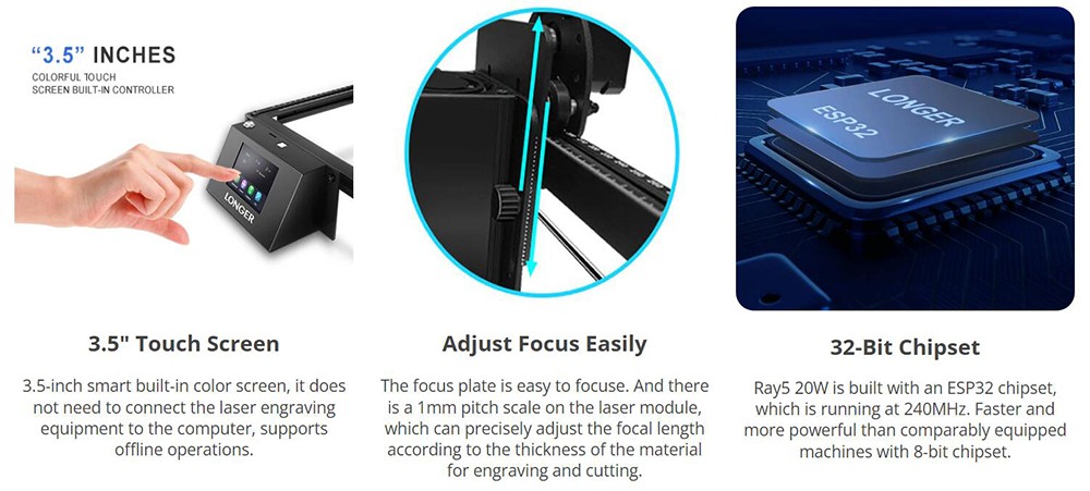 LONGER RAY5 20W Laser Engraver, 32-Bit Chipset, 256-bit Color Scale, 3.5' Touch Screen, 0.08 x 0.1mm Spot, 10000mm/min Max Speed, 375mmx375mm, X/Y-axis Limit Switches