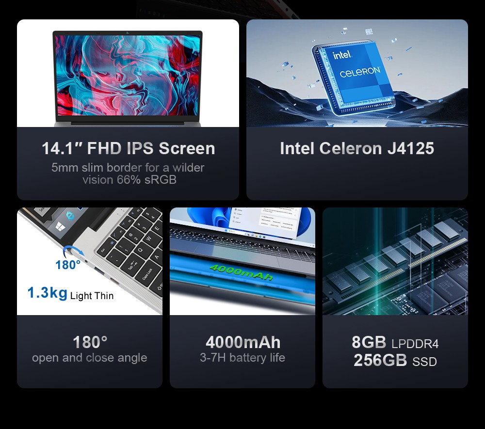 Ninkear N14 Air 14-inch Laptop, 1920*1080 FHD Screen, Intel J4125 4 Cores 2.7GHz, 8GB RAM 256GB SSD, 4000mAh Battery, Dual-band WiFi Bluetooth 4.2, 2*USB 3.0 1*Micro SD Card 1*Mini HDMI 1*Earphone Port, 180&deg;Opening and Closing
