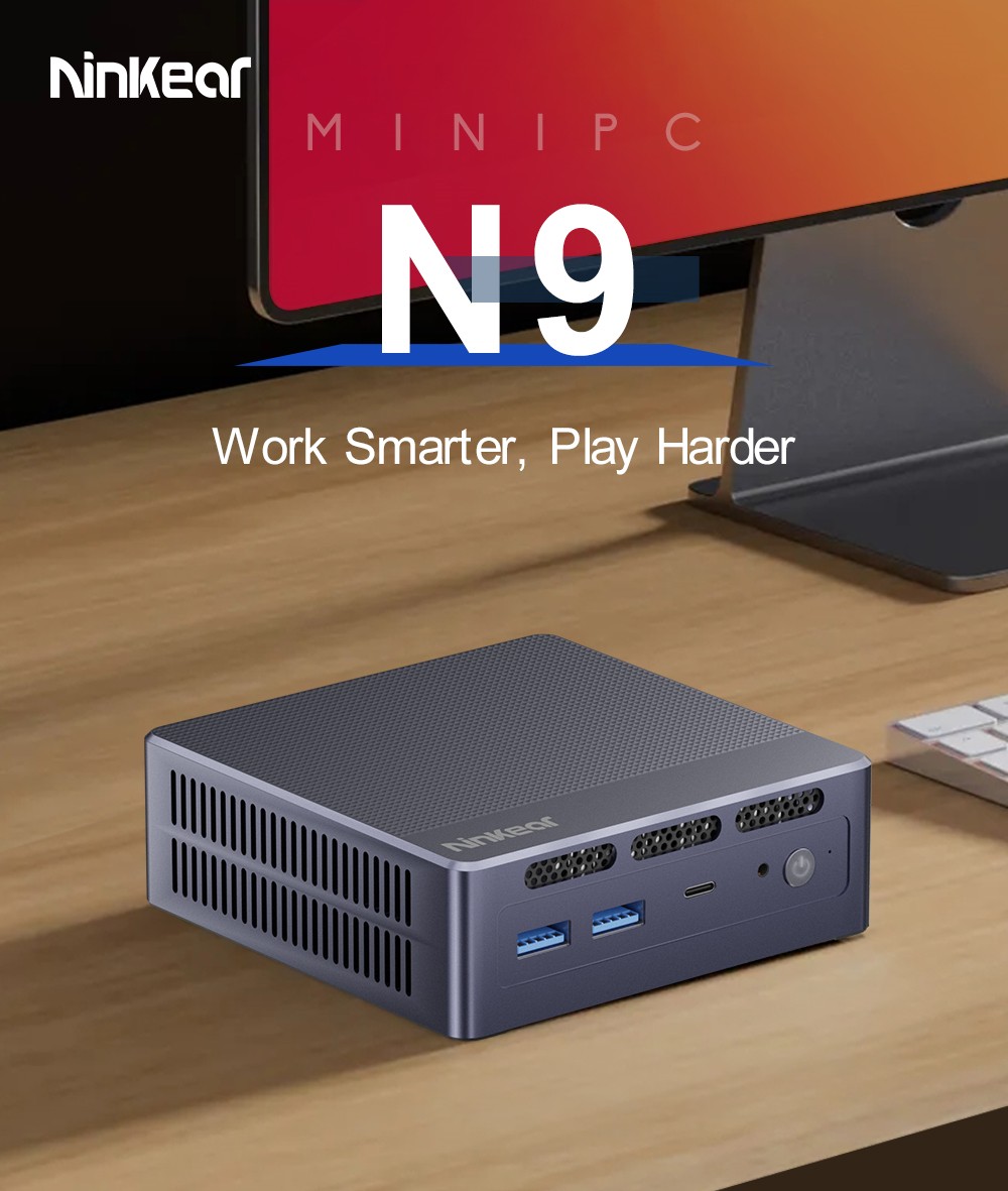 Ninkear N9 Mini PC, Intel N95 4 jadrá Max 3,40 GHz, 8 GB RAM 256 GB SSD, Typc-C (8K)+DP 1.4 (8K)+HDMI 2.0 (4K) Trojitý displej, 2,4/5 GHz WiFi Bluetooth 4.2, 4*USB 3.0 1*RJ45 1*Headphone Jack - EU Plug
