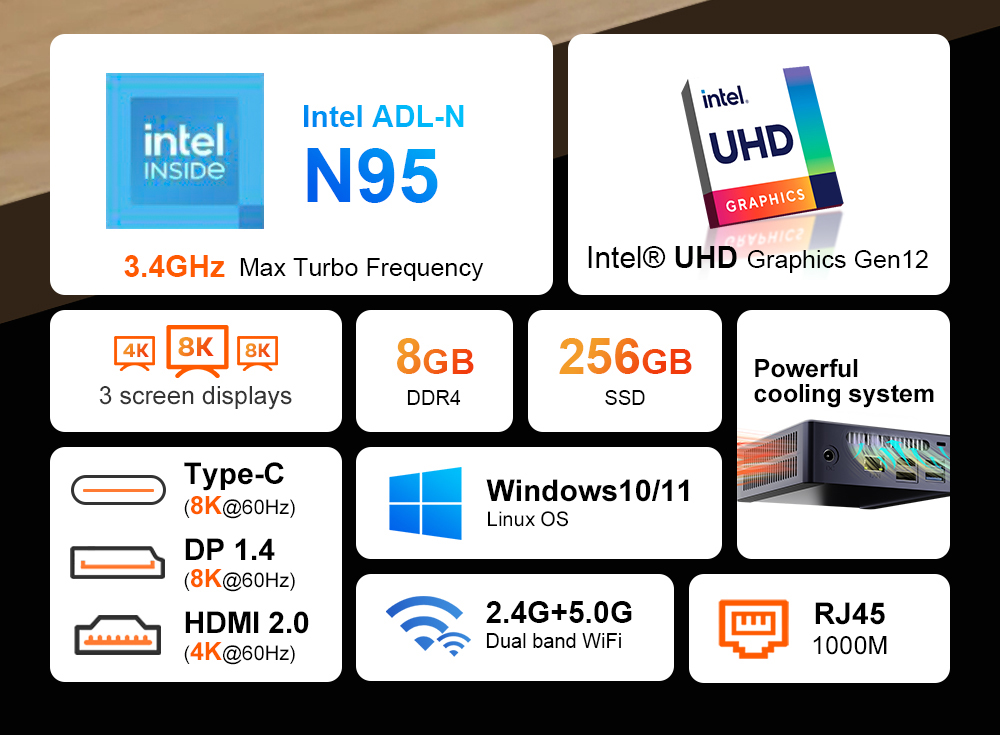 Ninkear N9 Mini PC, Intel N95 4 jadrá Max 3,40 GHz, 8 GB RAM 256 GB SSD, Typc-C (8K)+DP 1.4 (8K)+HDMI 2.0 (4K) Trojitý displej, 2,4/5 GHz WiFi Bluetooth 4.2, 4*USB 3.0 1*RJ45 1*Headphone Jack - EU Plug