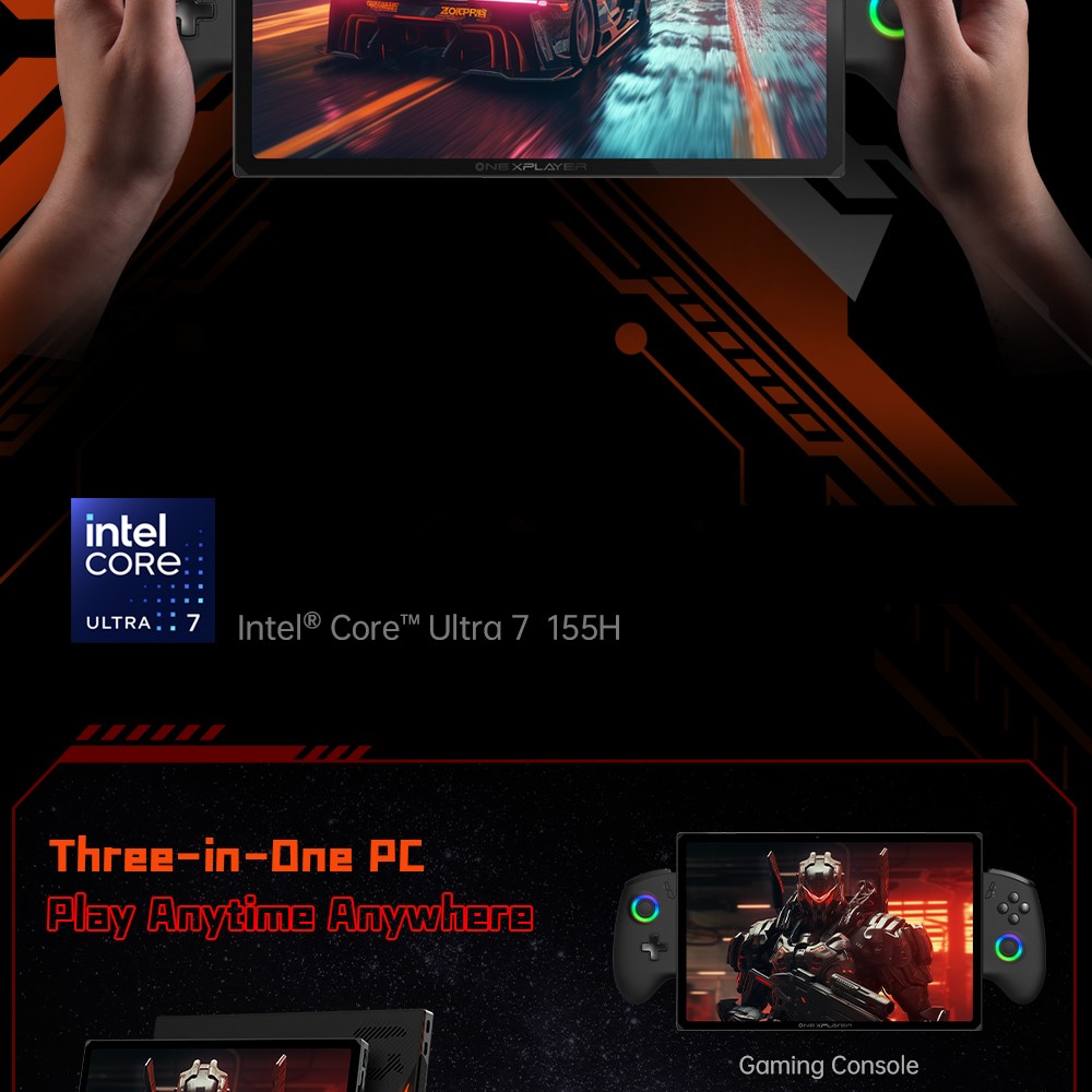 One Netbook OneXPlayer X1 Handheld Gaming PC, Intel Ultra 7-155H 16 Cores Max 4.8GHz, 10.95'' 2560*1600 120Hz Display, 32GB RAM 1TB SSD, 65.02Wh Battery 100W Charge, 2*USB-C 4.0 1*USB 3.2 1*TF Card Slot 1*OCulink 1*Audio Jack, Face/Fingerprint Unlock