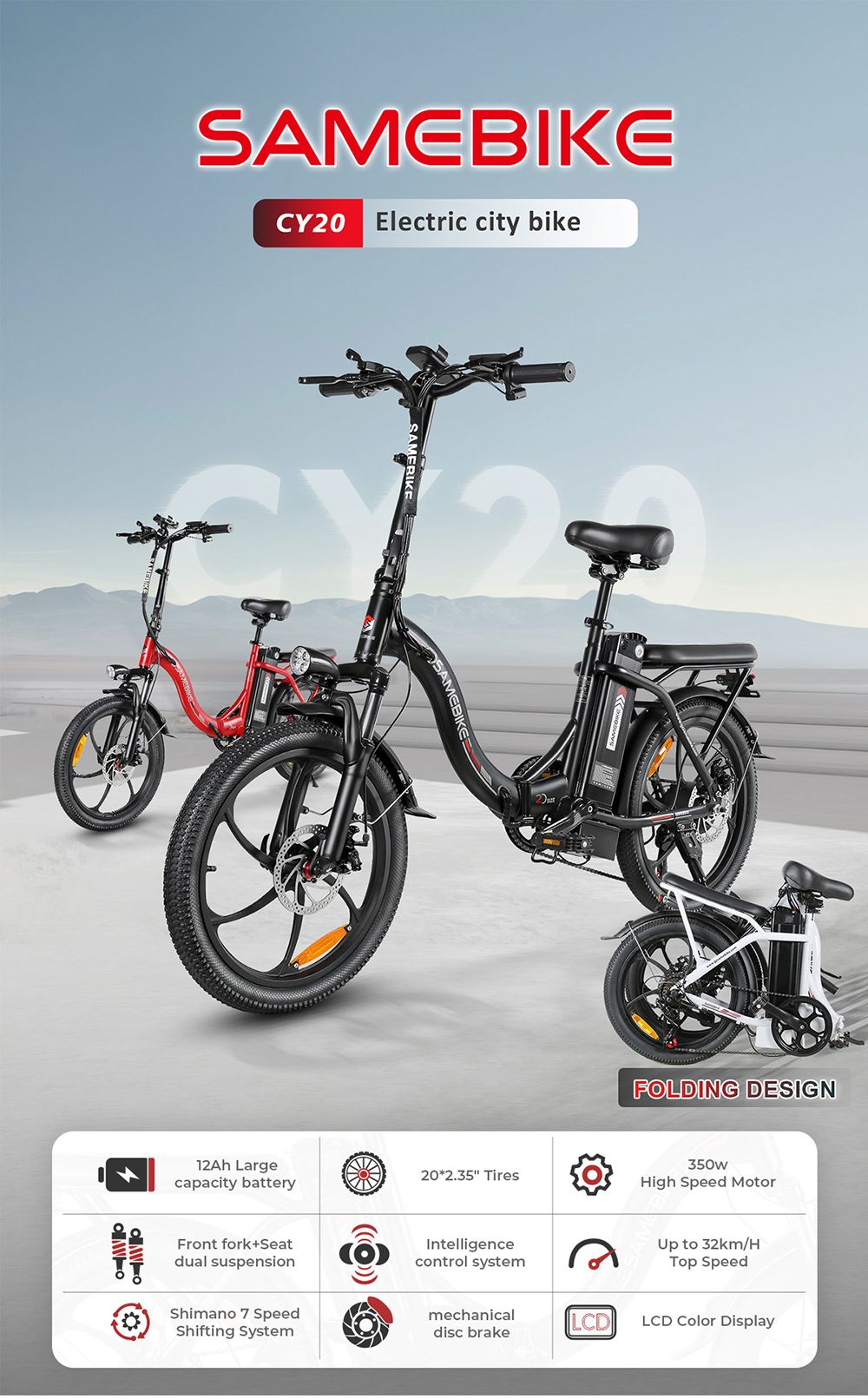 SAMEBIKE CY20 Electric Bike, 350W Motor, 36V 12Ah Battery, 20*2.35-inch Tire, 32km/h Max Speed., 40km Range, Dual Suspension, Mechanical Disc Brakes, LCD Display - Lake Blue