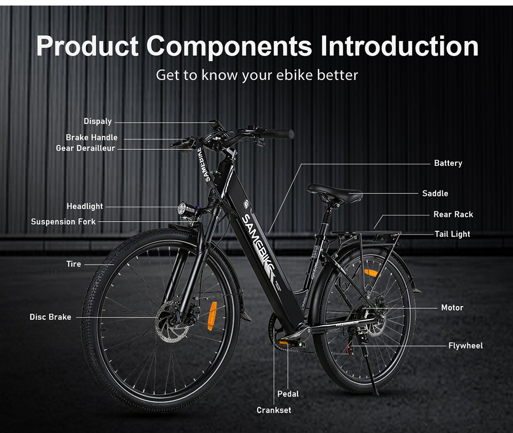 Elektrobicykel SAMEBIKE RS-A01 Pro, 500W motor, 36V 15Ah batéria, 27,5*2,1-palcové pneumatiky, max. rýchlosť 32 km/h, dojazd 40 km, 7-stupňová prevodovka Shimano. Mechanické kotúčové brzdy - čierne