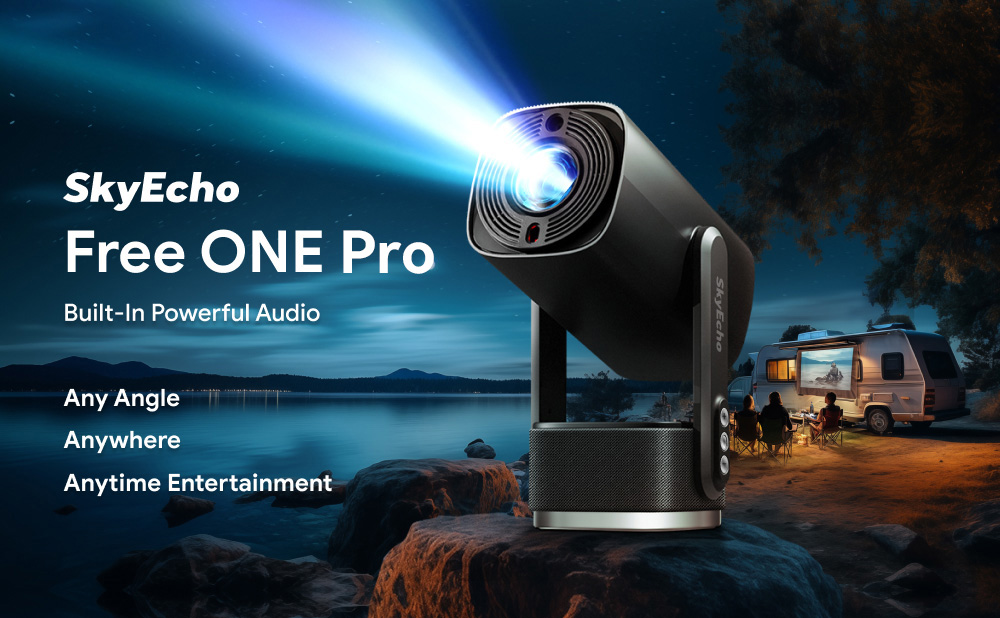 SkyEcho FreeONE Pro Prenosný projektor, 350 ANSI lúmenov, natívne rozlíšenie 720P, 270° gimbalový stojan, vstavaná batéria na 2 hodiny prehrávania, automatické zaostrovanie, automatické nastavenie kľúčových prvkov, OS Android - čierny, zástrčka EÚ