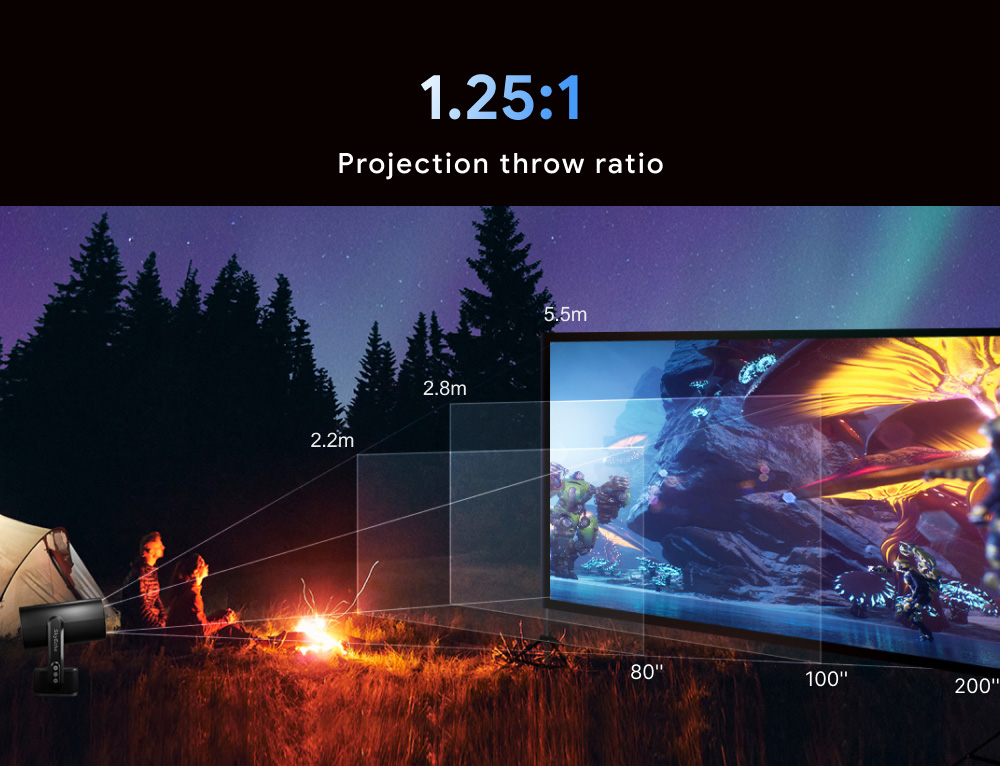 SkyEcho FreeONE Pro Portable Projector, 350 ANSI lúmenov, natívne 720P, 270° Gimbal Stand, vstavaná batéria na 2 hodiny prehrávania, automatické zaostrovanie, automatické nastavenie lichobežníka, OS Android - čierny, zástrčka EÚ