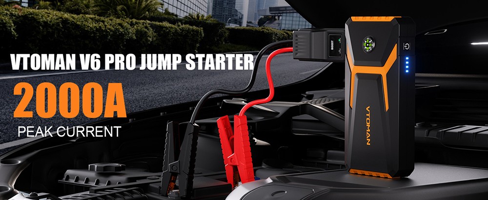 VTOMAN V6 PRO 2000A Jump Starter do auta, s LED svetlom, rýchle nabíjanie, pre benzínové motory s objemom 7,0 l a 5.0L Dieselové motory