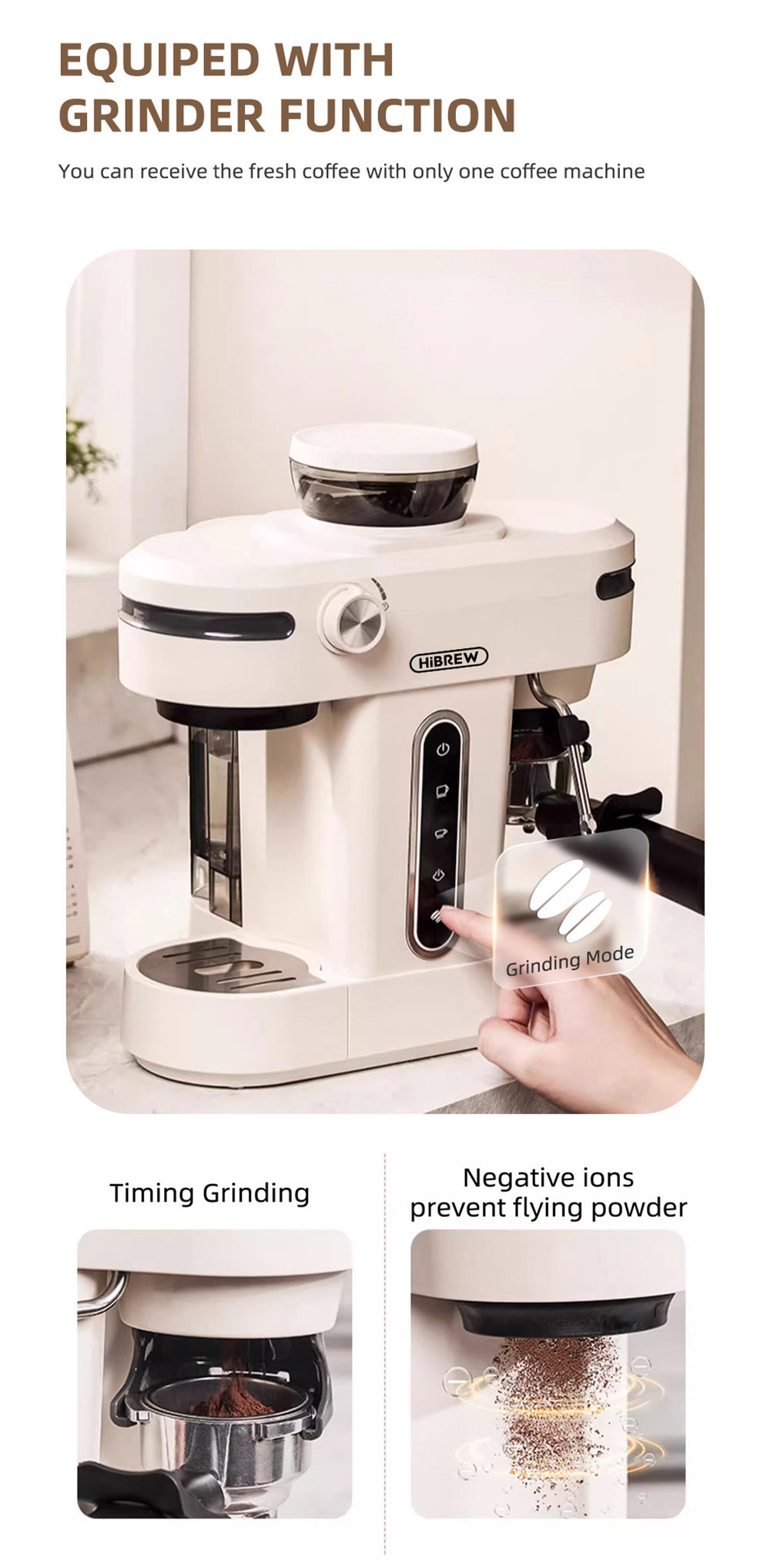 Kávovar HiBREW H14 Espresso, vysoký tlak 20 barov, nastavenie 15 stupňov mletia, funkcia predsparenia, NTC regulácia teploty, nastavenie kapacity šálky - béžový