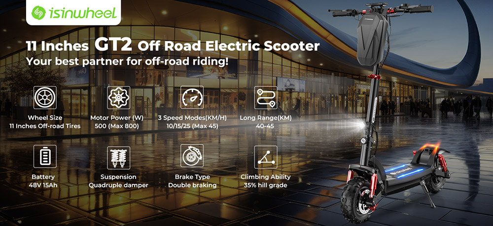 iScooter GT2 Terénny elektrický skúter, 800W motor, 48V 15Ah batéria, 11-palcové pneumatiky, max. rýchlosť 45 km/h, max. dojazd 60 km, kotúčová brzda, štvornásobný tlmič