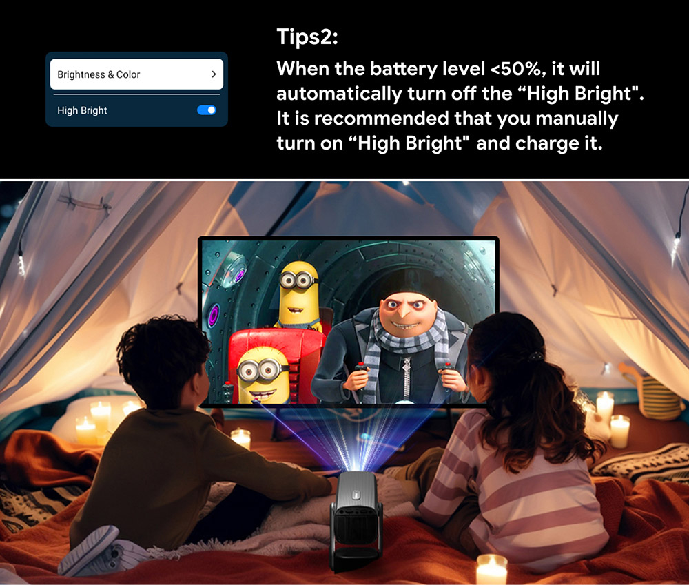 SkyEcho FreeONE Pro beépített akkumulátoros hordozható projektor, 5200mAh akkumulátor 2 óra lejátszási idővel, 350 ANSI lumen, natív 720P, 270°-os gimbal állvány, autofókusz, automatikus trapézkorrekció, Android operációs rendszer - fekete, EU csatlakozó