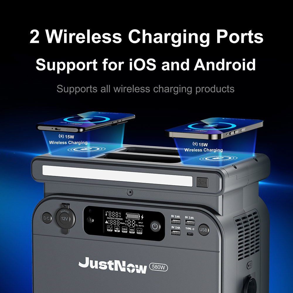 JustNow 580W Portable Power Station, 518Wh LiFePO4 Battery, with AC/Car Port/USB Output, LCD Display, Dual 15W Wireless Charging, 3500+ Circles, Gray