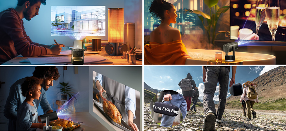 SkyEcho FreeONE Pro beépített akkumulátoros hordozható projektor, 5200mAh akkumulátor 2 óra lejátszási idővel, 350 ANSI lumen, natív 720P, 270°-os gimbal állvány, autofókusz, automatikus trapézkorrekció, Android operációs rendszer - fekete, EU csatlakozó