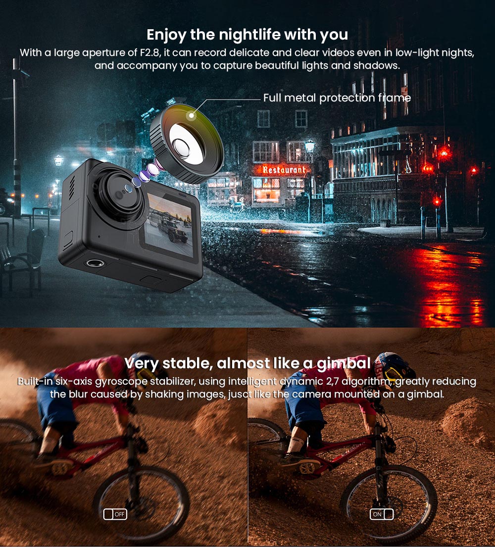 SJCAM SJ10 Pro Sports & Action Camera, 2.33''+1.3'' Dual Screen 4K/60FPS, Waterproof up to 5m, 6-AXIS GYRO Stabilization